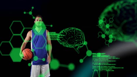 Animation-Digitaler-Gehirne-Und-Datenverarbeitung-über-Einem-Männlichen-Basketballspieler,-Der-Einen-Ball-Hält