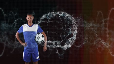 Animation-of-digital-brain-spinning-over-female-football-player-holding-ball