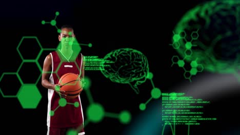 Animation-Digitaler-Gehirne-Und-Datenverarbeitung-über-Einer-Basketballspielerin,-Die-Einen-Ball-Hält