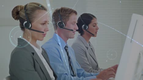 Animation-of-network-of-connections-over-business-people-wearing-phone-headsets