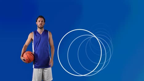 Animation-Von-Kreisen-über-Einem-Männlichen-Basketballspieler,-Der-Den-Ball-Hält