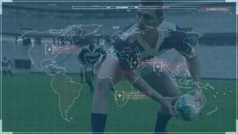 Animation-of-digital-interface-with-world-map-over-football-players