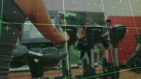 Animation-of-digital-interface-with-squares-over-people-exercising-in-gym