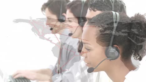 Animation-of-network-of-connection-and-world-map-over-business-people-wearing-phone-headsets