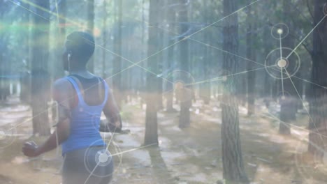Animation-of-network-of-connections-over-woman-running-exercising-in-forest