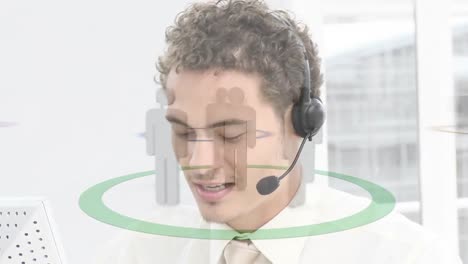 Animation-of-network-of-connection-with-icons-over-businessman-wearing-phone-headset