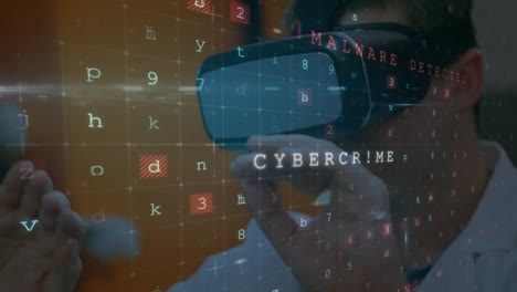 Animation-of-cyber-attack-warning-over-scientist-with-vr-headset