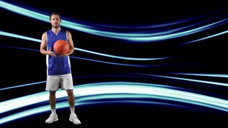 Animation-Eines-Basketballspielers,-Der-Den-Ball-über-Lichtspuren-Hält