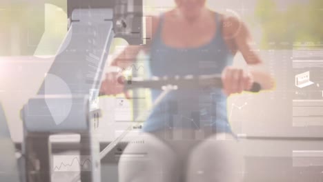 Animation-of-network-of-connections-and-data-processing-over-woman-exercising-in-gym
