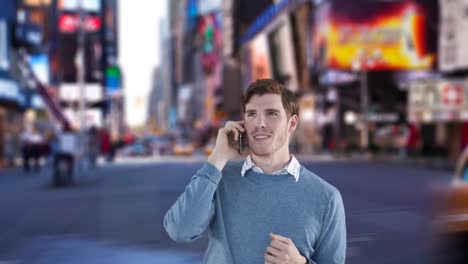 Animation-of-businessman-using-smartphone-over-cityscape