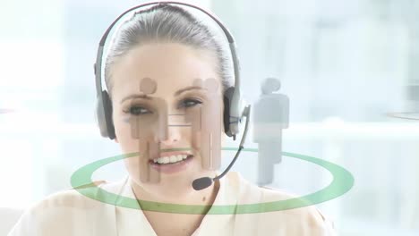 Animation-of-network-of-connection-with-icons-over-businesswoman-wearing-phone-headset