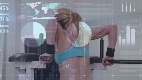 Animation-of-network-of-connections-and-data-processing-over-fit-woman-exercising-in-gym