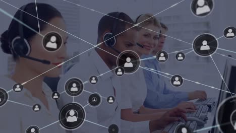 Animation-of-network-of-connection-with-icons-over-business-people-wearing-phone-headsets