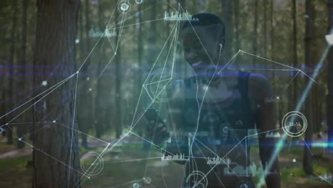 Animation-of-network-of-connections-over-woman-using-smartphone-exercising-in-forest