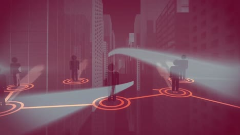 Animation-Von-Netzwerken-Von-Verbindungen-Mit-Menschensymbolen-über-Der-Stadt