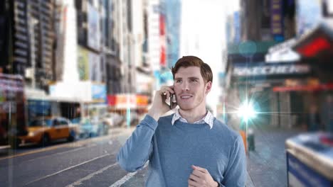 Animation-of-businessman-speaking-on-smartphone-over-cityscape