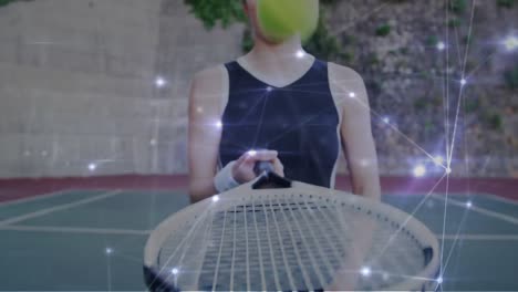Animation-of-network-of-connections-over-female-tennis-player-at-tennis-court