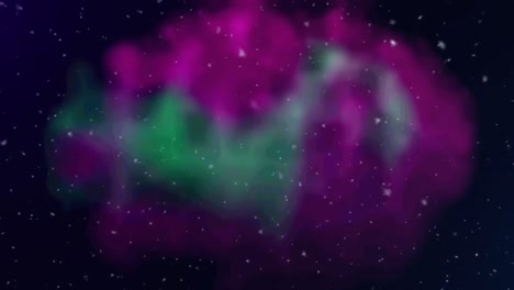 Animation-Von-Schneeflocken,-Die-über-Violette-Und-Grüne-Unschärfe-Auf-Schwarzem-Hintergrund-Fallen