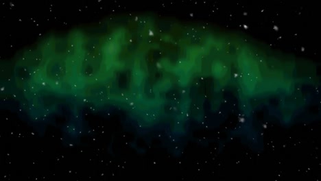 Animation-of-snowflakes-falling-over-green-vapour-on-black-background