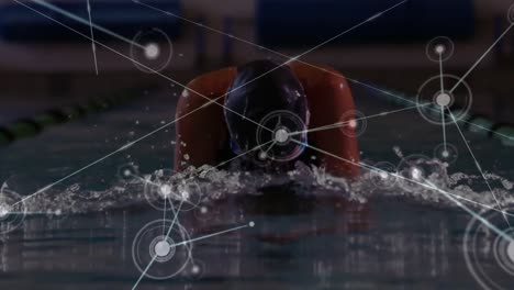 Animation-Eines-Netzwerks-Von-Verbindungen-über-Einer-Fitten-Schwimmerin-Beim-Schwimmen
