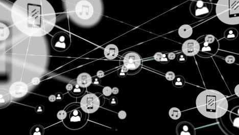 Animation-of-networks-of-connections-with-icons-over-black-background