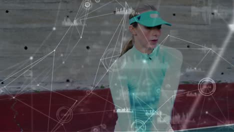 Animation-of-network-of-connections-over-female-tennis-player-at-tennis-court