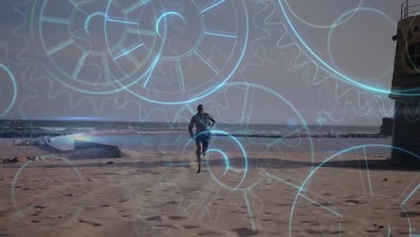 Animation-of-cogs-spinning-over-man-running-on-beach