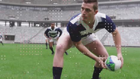 Animation-Von-Flecken-über-Männlichen-Rugbyspielern-Im-Stadion