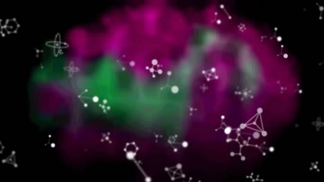 Animation-of-communication-networks-floating-over-green-and-purple-blur-on-black-background