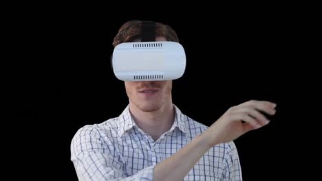 Animation-of-man-wearing-vr-headset-using-virtual-interface-and-smiling,-on-black-background