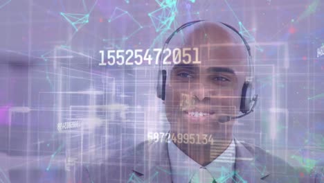 Animation-of-network-of-connections-over-businessman-with-headset-in-office