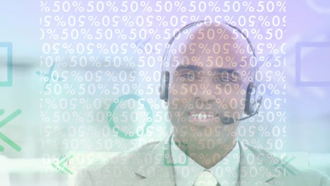 Animation-of-digital-shapes-and-numbers-over-businessman-wearing-phone-headset