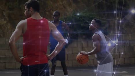 Animation-of-network-of-connections-over-basketball-players-outdoors