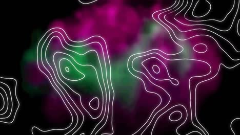 Animation-of-white-contour-lines-moving-over-pink-and-green-blur-on-black-background