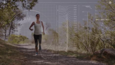 Animation-of-digital-screen-and-data-processing-over-fit-woman-running