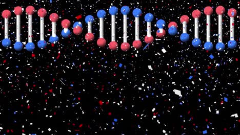 Animation-of-blue-red-and-white-confetti-over-spinning-dna-strain-on-black-background