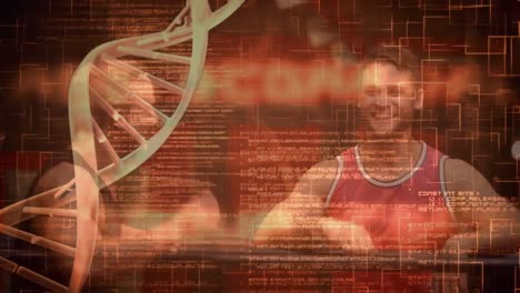 Animation-Eines-DNA-Strangs-über-Muskulösen-Männern-Beim-Training