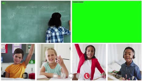 Animation-Von-Sechs-Bildschirmen-Verschiedener-Kinder,-Lehrer-Und-Greenscreen-Während-Des-Online-Schulunterrichts