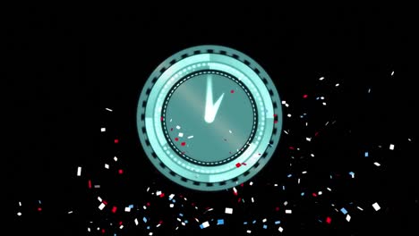 Animation-of-clock-and-confetti-falling-on-black-background
