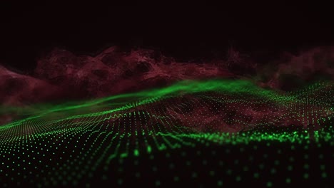 Animation-Einer-Wellenförmigen-Konturlandschaft-Aus-Grünen-Punkten-Mit-Roten-Wolken-Auf-Schwarzem-Hintergrund