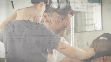 Animation-of-mathematical-drawings-and-equations-over-father-and-son-wearing-vr-headsets