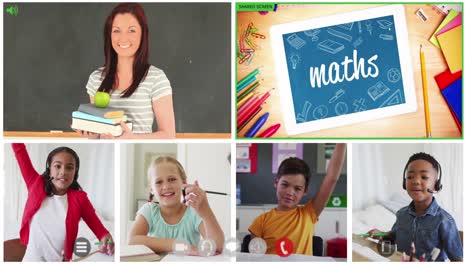 Animation-of-six-screens-of-diverse-children,-teacher-and-maths-text-during-online-school-lesson