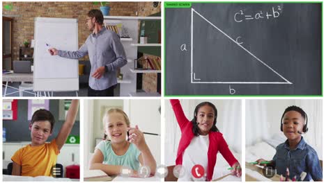 Animation-of-six-screens-of-diverse-children,-teacher-and-chalkboard-during-online-maths-lesson