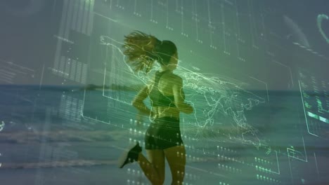 Animation-of-data-processing-over-fit-woman-running-at-beach