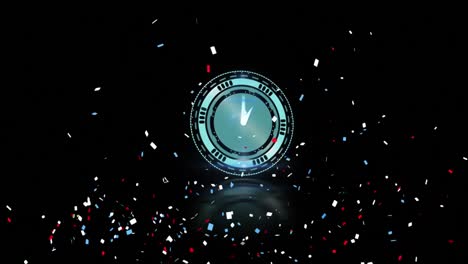 Animation-of-clock-and-confetti-falling-on-black-background