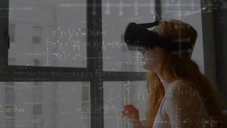 Animation-of-mathematical-drawings-and-equations-over-woman-wearing-vr-headset