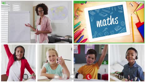 Animation-of-six-screens-of-diverse-children,-teacher-and-maths-text-during-online-school-lesson