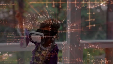 Animation-Mathematischer-Gleichungen-über-Einem-Mädchen,-Das-Ein-VR-Headset-Trägt
