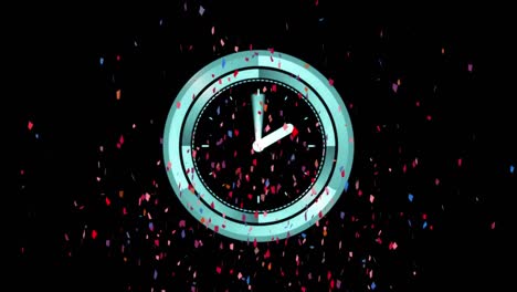 Animation-of-rotating-clock-over-colourful-confetti-falling-on-black-background