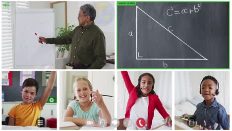 Animation-of-six-screens-of-diverse-children,-teacher-and-chalkboard-during-online-maths-lesson